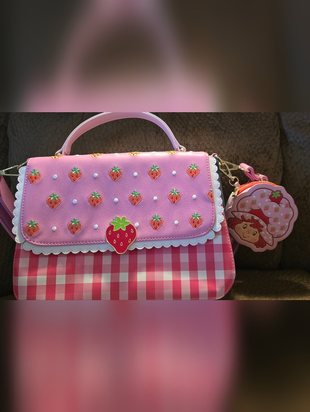 Loungefly Pink Strawberry Shortcake Enamel Plaque Denim & Gingham Crossbody